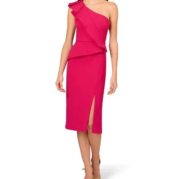 aidan mattox one shoulder crepe dress Aidan Mattox Womans Crepe Midi Dress One Shoulder Size US 14 Black cut out  NWT